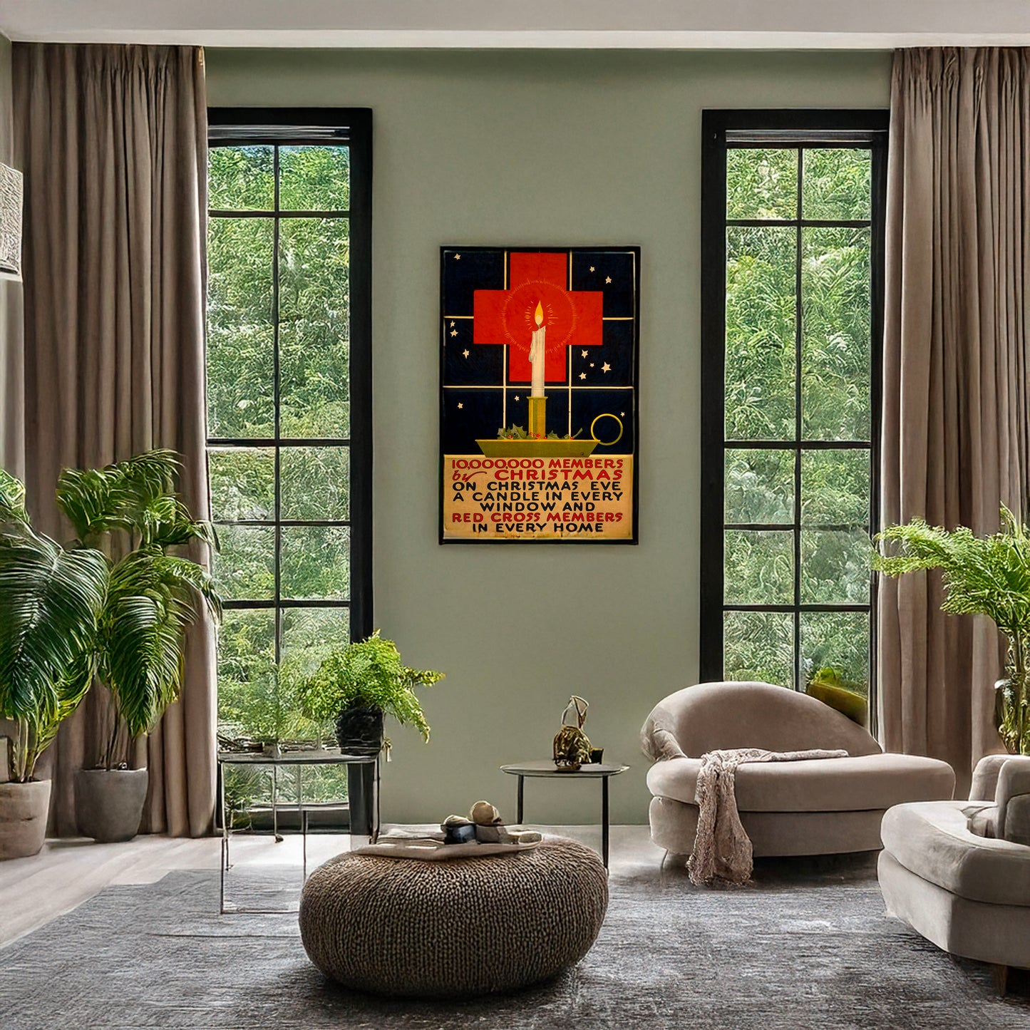 A picture of 10,000,000 members by Christmas On Christmas eve, a candle in every window and Red Cross members in every home., a mockup of the print leaning against a wall