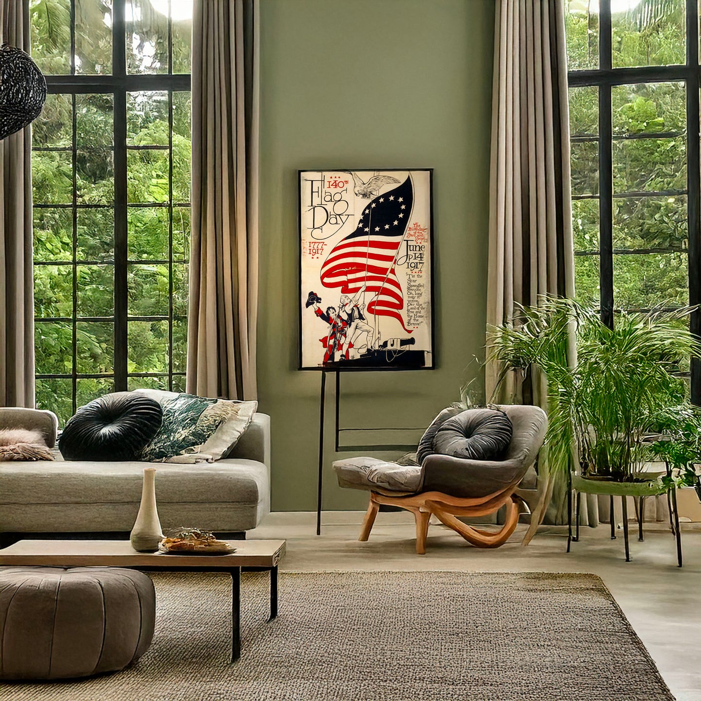 A picture of 140th flag day, 1777-1917 The birthday of the stars and stripes, June 14th, 1917., a mockup of the print leaning against a wall