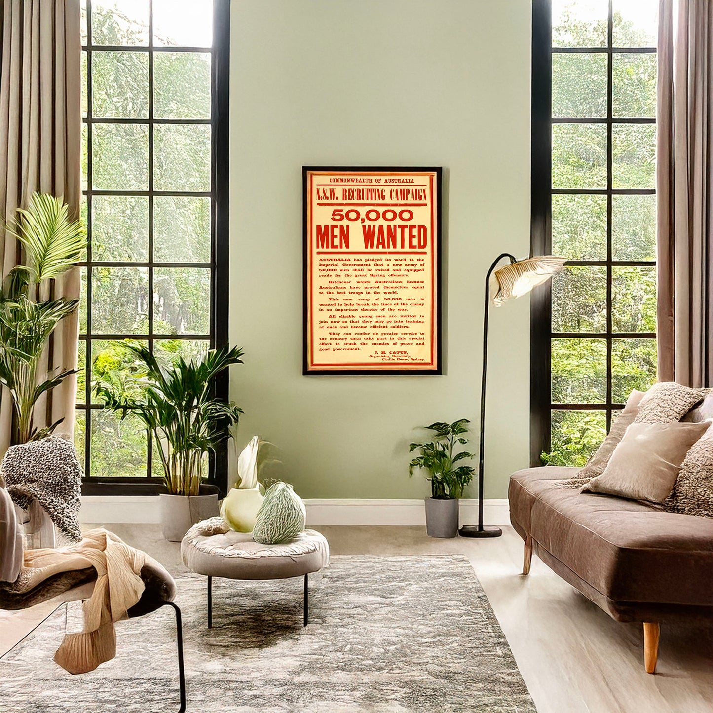 A picture of 50,000 men wanted, a mockup of the print leaning against a wall