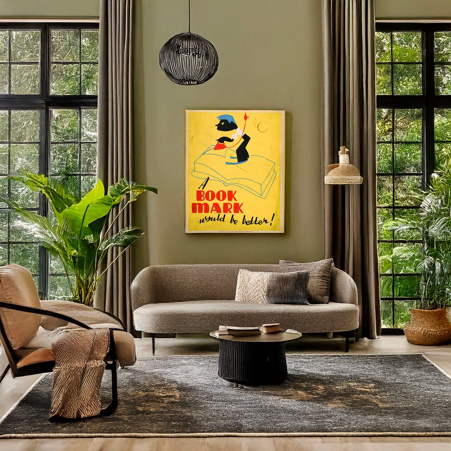 A picture of A book mark would be better!, a mockup of the print leaning against a wall