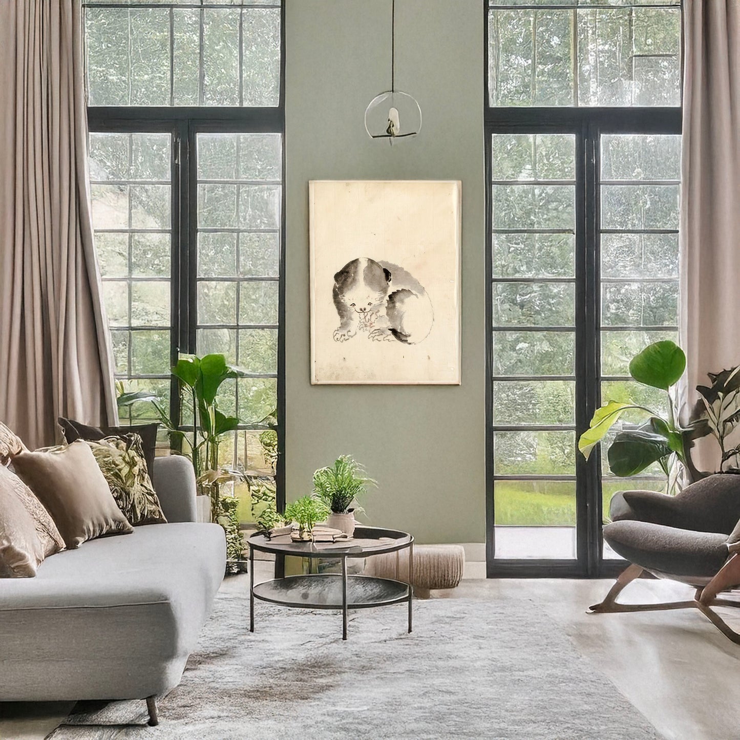 A picture of A cat cleaning its claws, a mockup of the print leaning against a wall