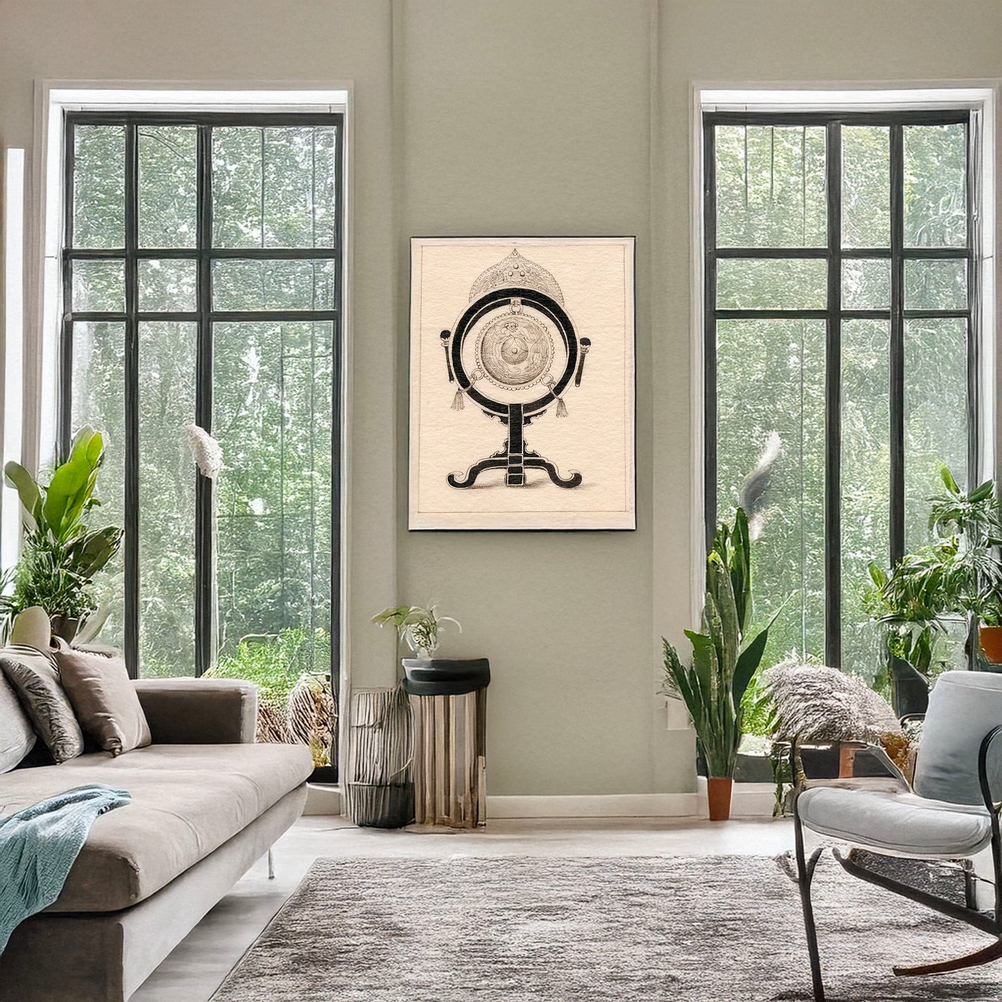 A picture of A large tsuri-daiko, a mockup of the print leaning against a wall