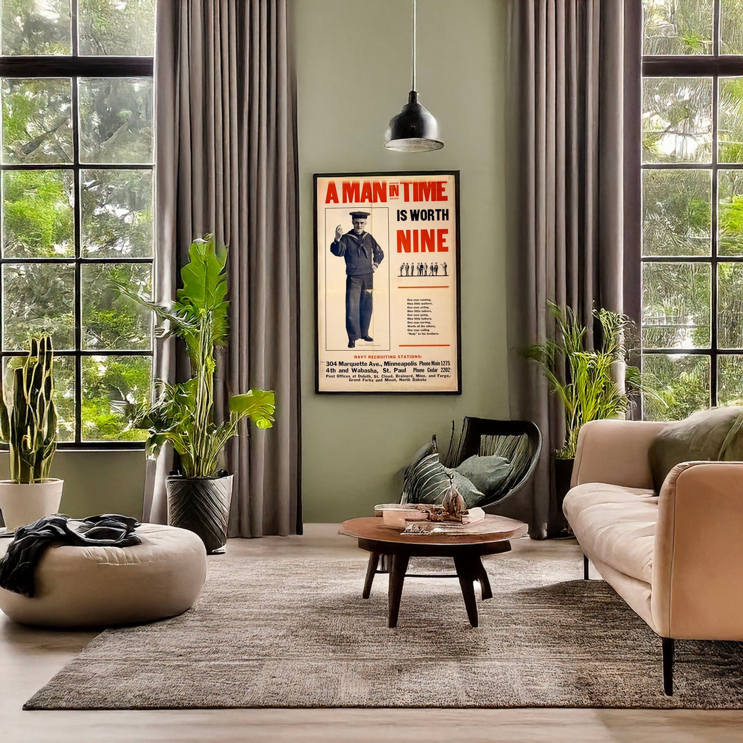 A picture of A man in time is worth nine, a mockup of the print leaning against a wall