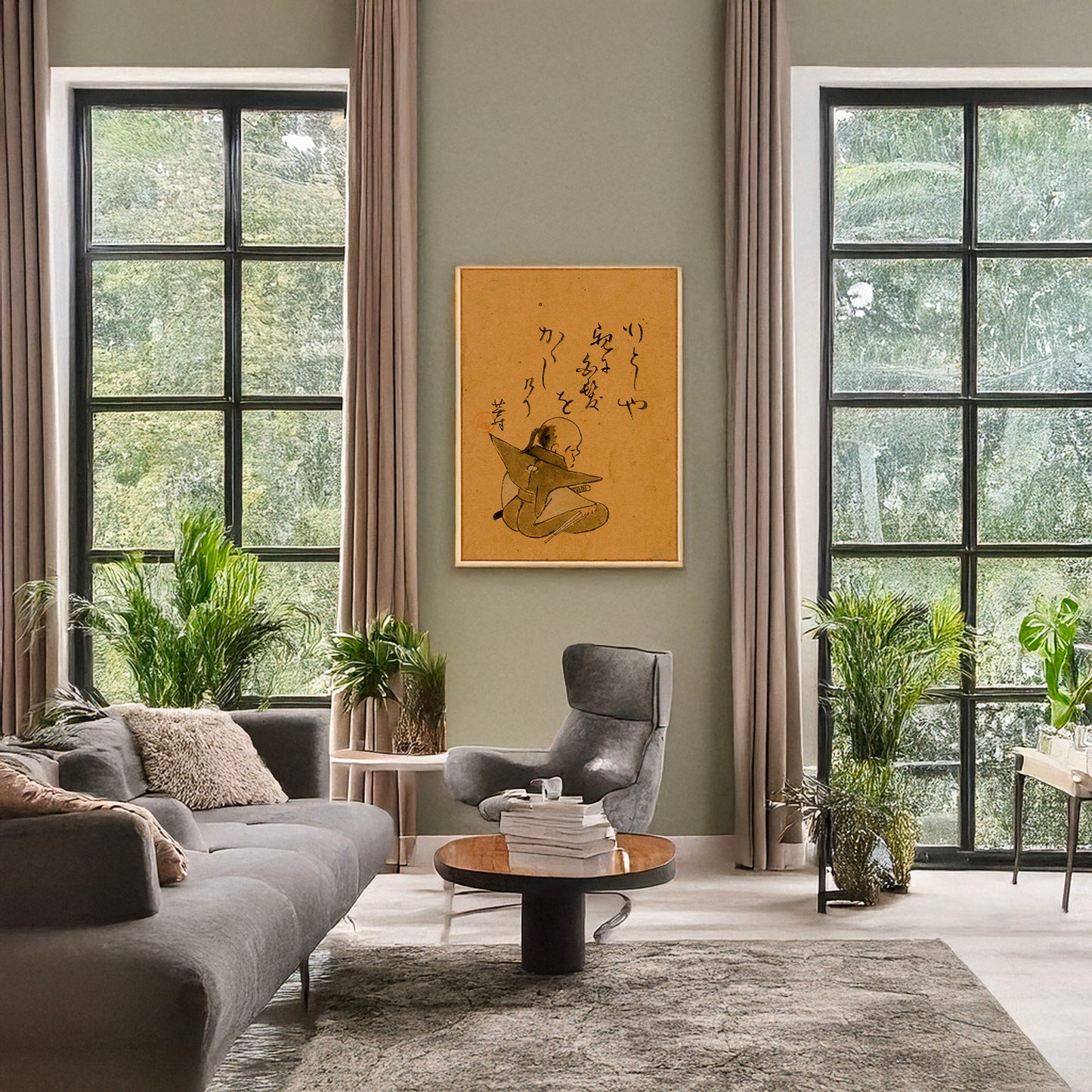 A picture of A man or monk seated, seen from behind, holding a short dagger(?) in right hand, while meditating or contemplating seppuku, a mockup of the print leaning against a wall