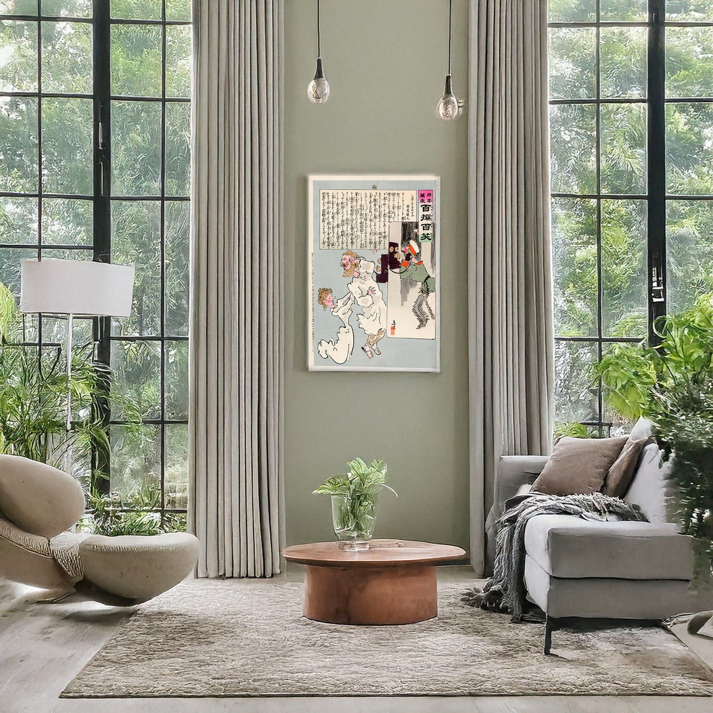 A picture of A Russian general, shaking with fear, telephones the Czar(?) who is also being annoyed by the Czarina(?), a mockup of the print leaning against a wall