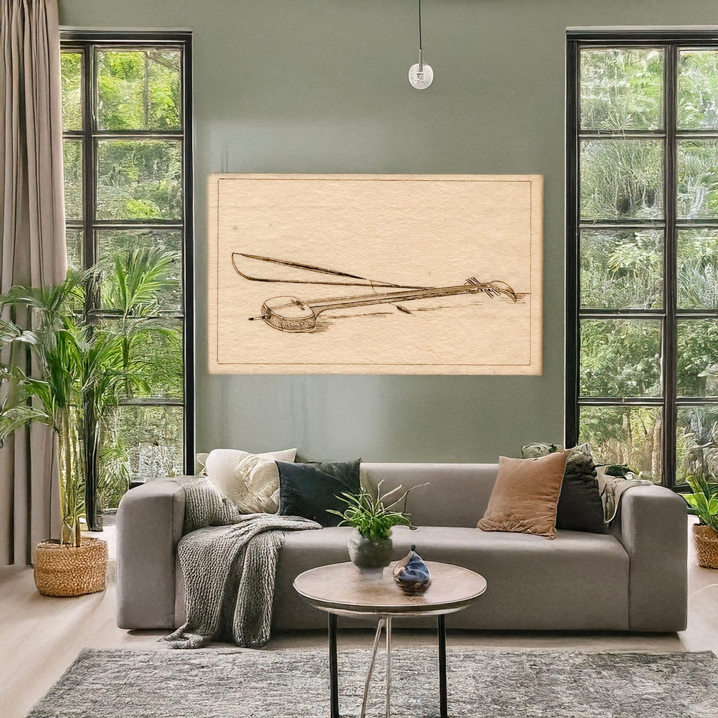 A picture of A shamisen, a mockup of the print leaning against a wall
