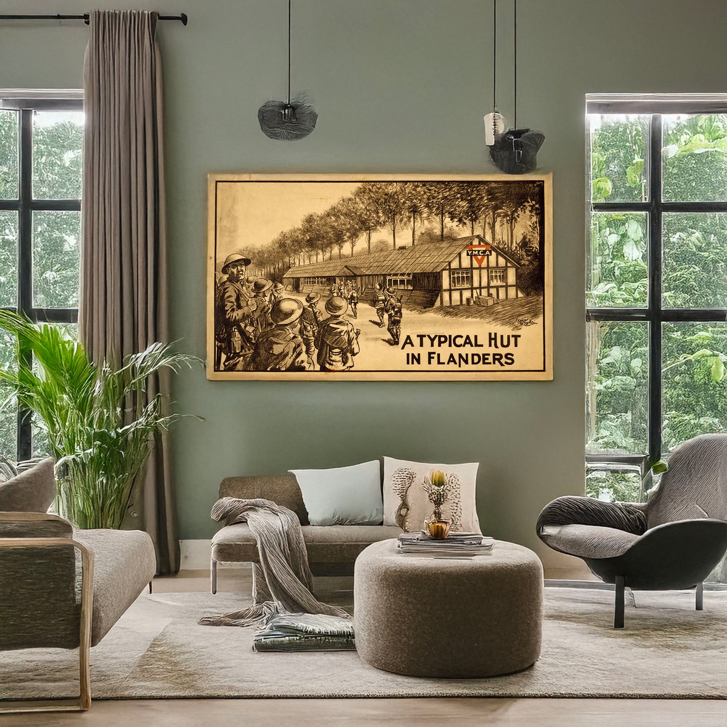 A picture of A typical hut in Flanders, a mockup of the print leaning against a wall
