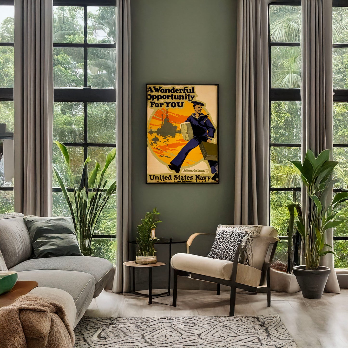 A picture of A wonderful opportunity for you--United States Navy, a mockup of the print leaning against a wall