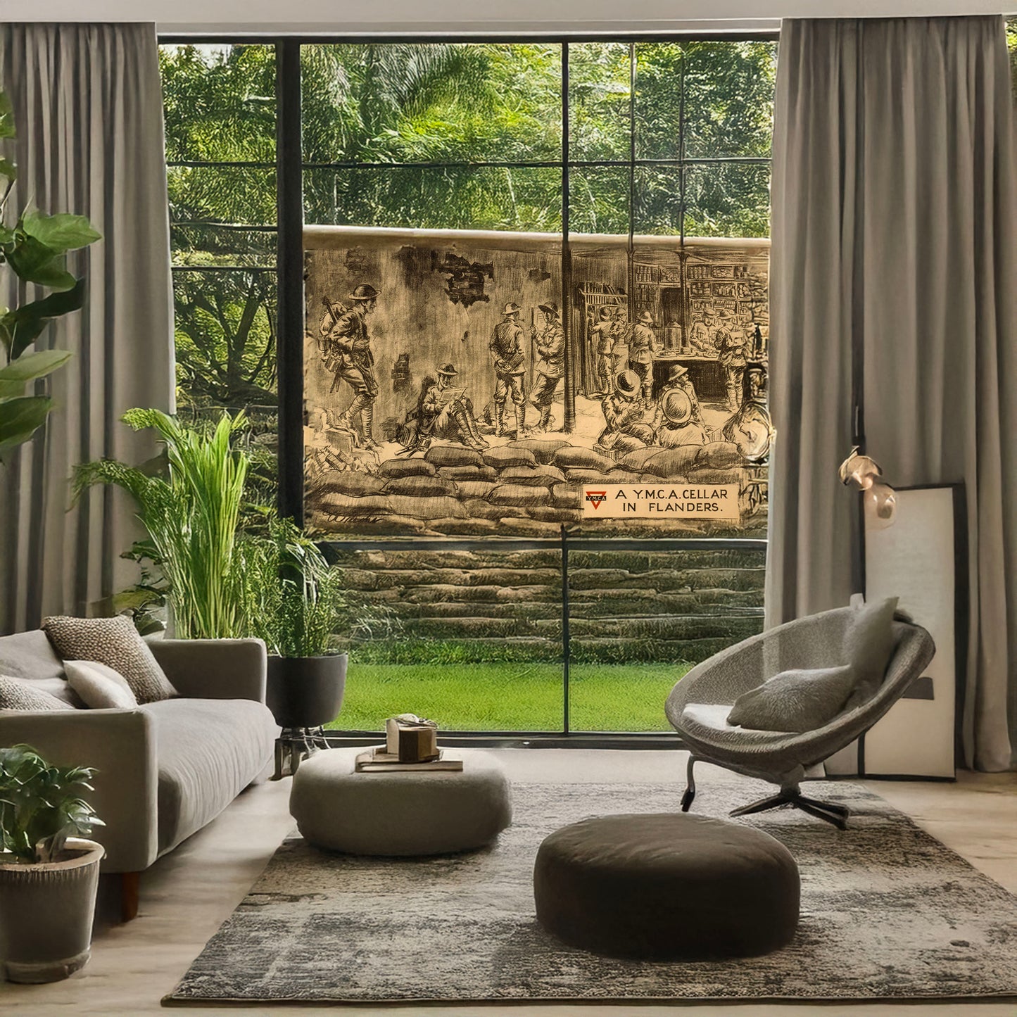 A picture of A Y.M.C.A. cellar in Flanders, a mockup of the print leaning against a wall