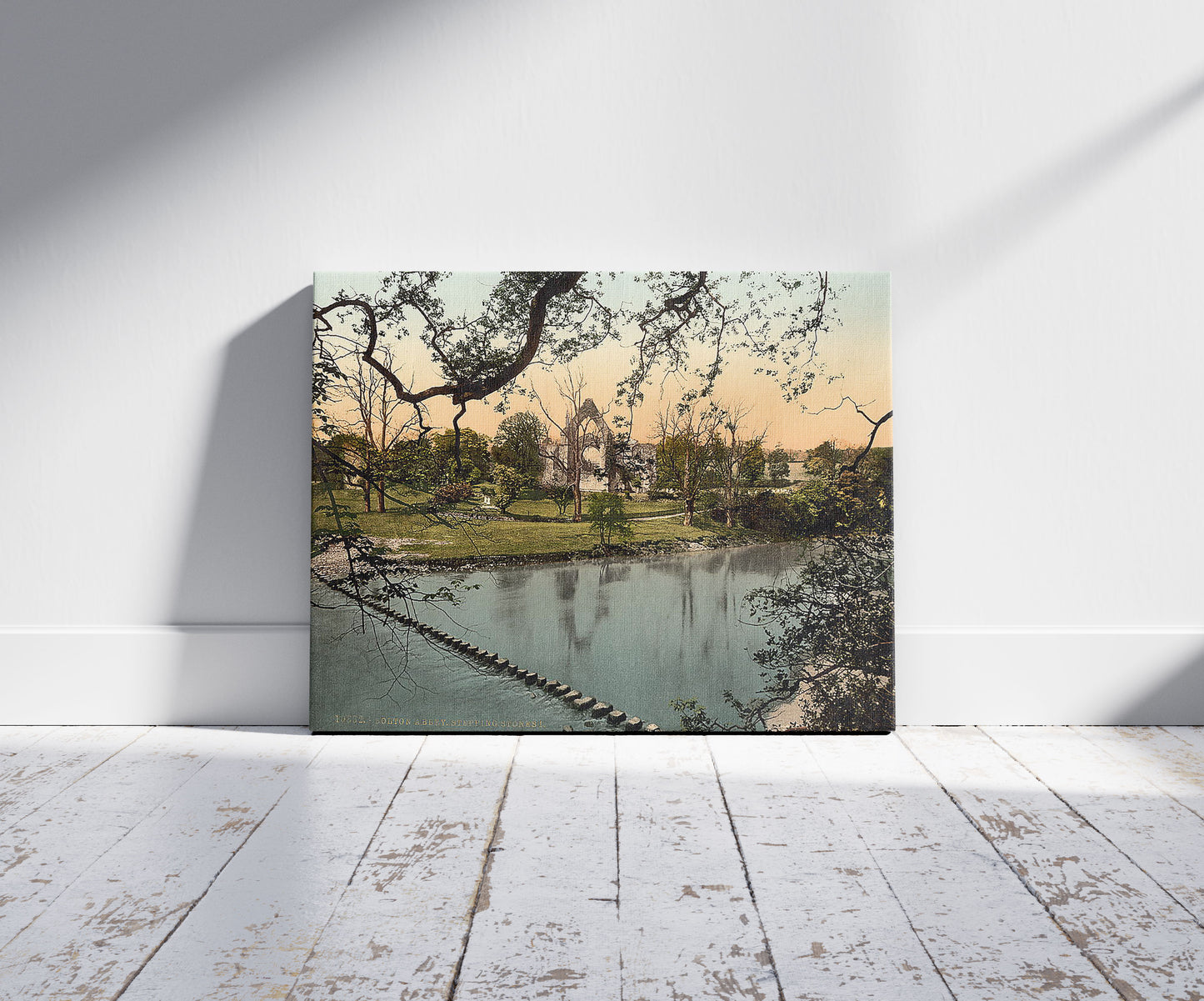 A picture of Abbey stepping stones, I, Bolton Abbey, England, a mockup of the print leaning against a wall