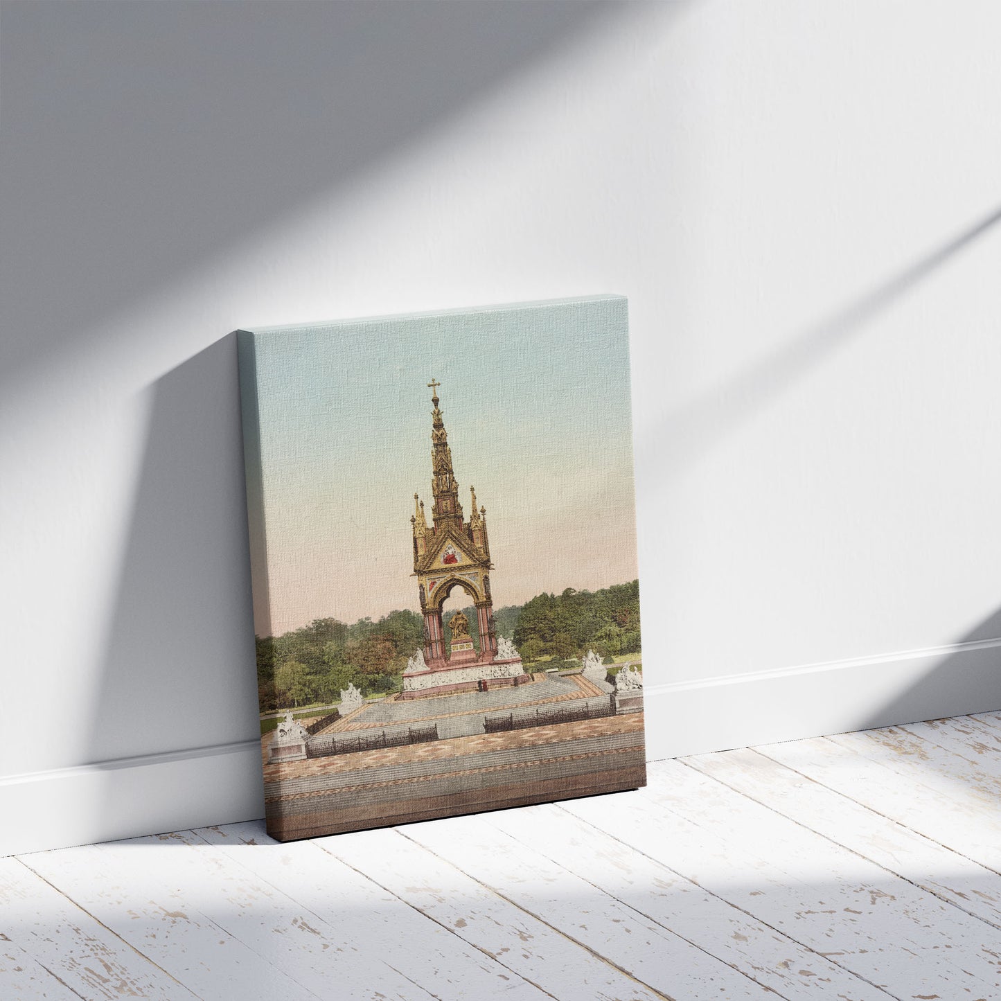 A picture of Albert Memorial, London, a mockup of the print leaning against a wall