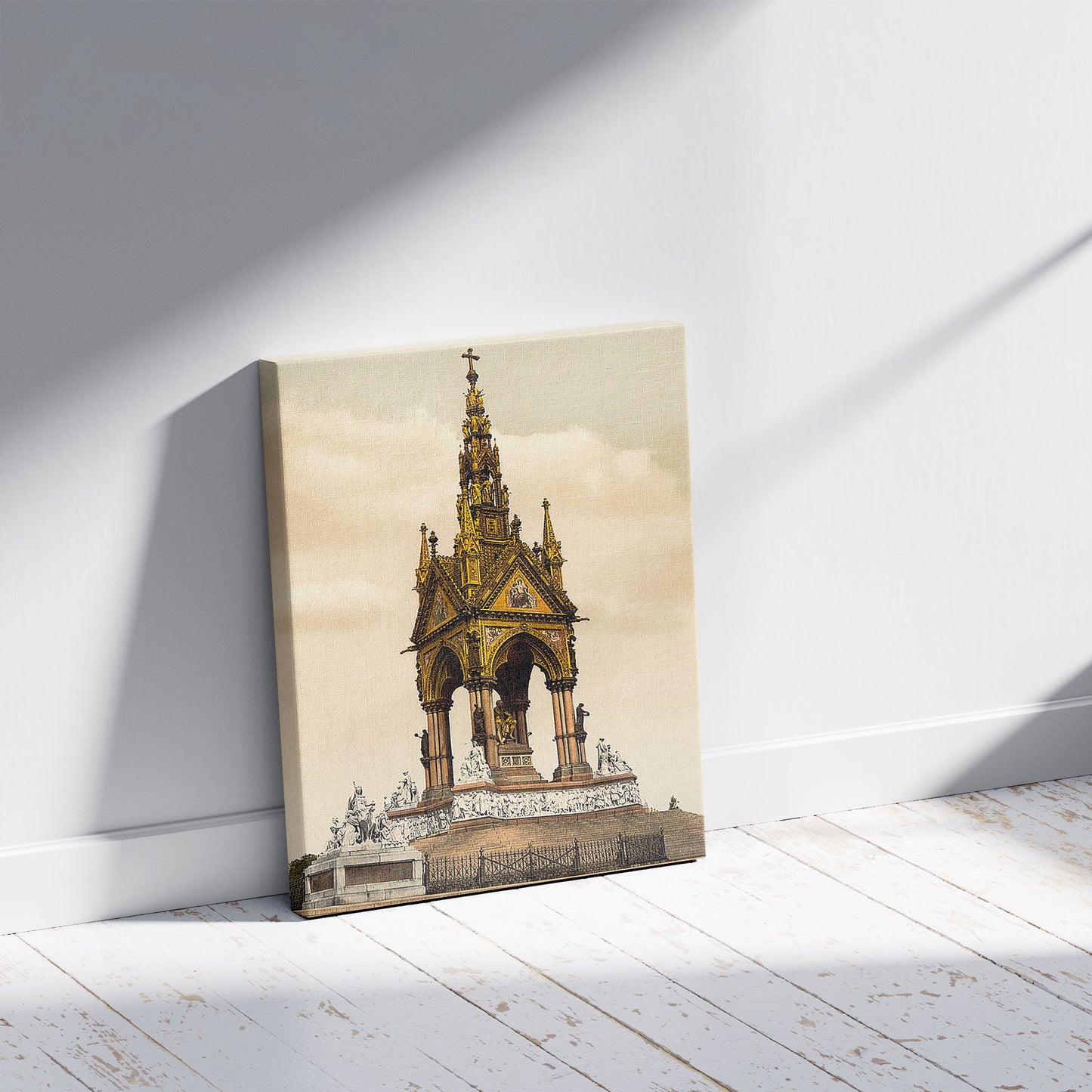 A picture of Albert Monument, London, England, a mockup of the print leaning against a wall