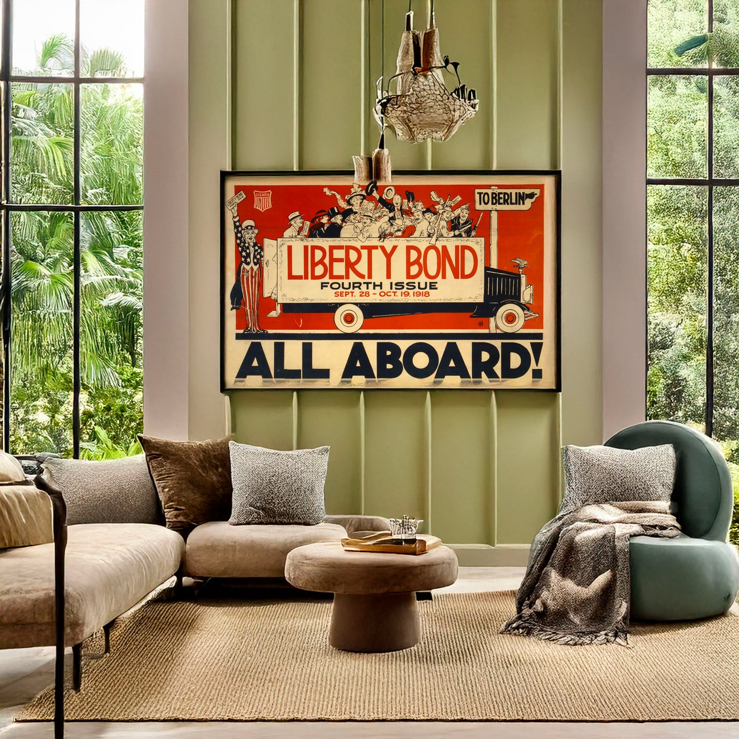 A picture of All aboard! Liberty Bond fourth issue Sept. 28 - Oct. 19, 1918., a mockup of the print leaning against a wall