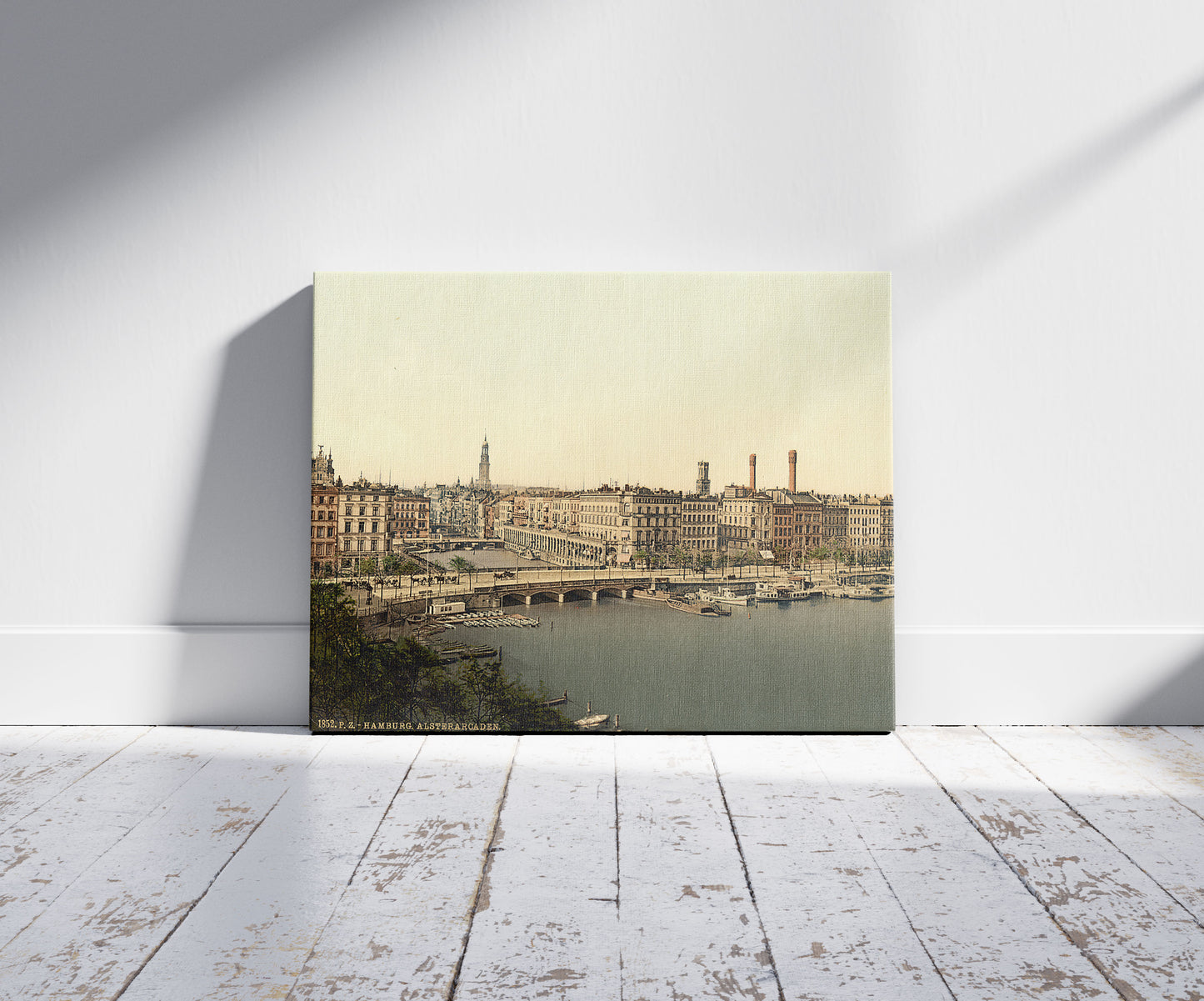 A picture of Alster Arcade, Hamburg, Germany, a mockup of the print leaning against a wall