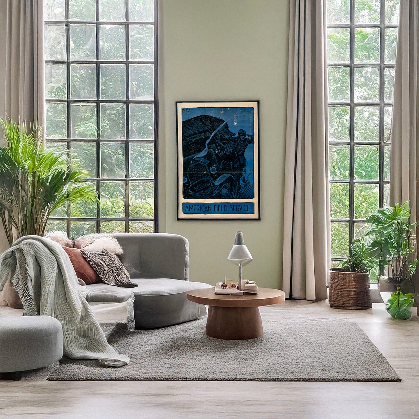 A picture of American field service, a mockup of the print leaning against a wall