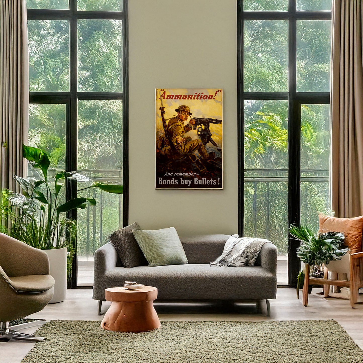 A picture of "Ammunition!" And remember - bonds buy bullets!, a mockup of the print leaning against a wall