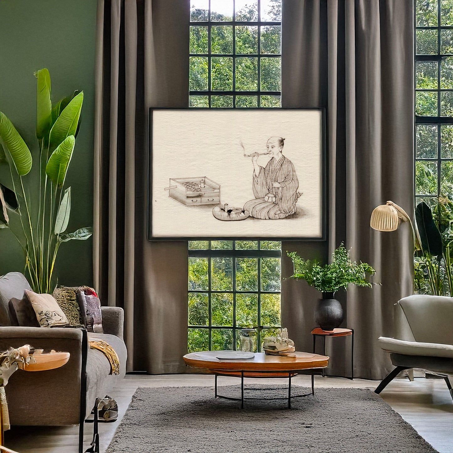 A picture of An elderly man, seated, smoking, a mockup of the print leaning against a wall