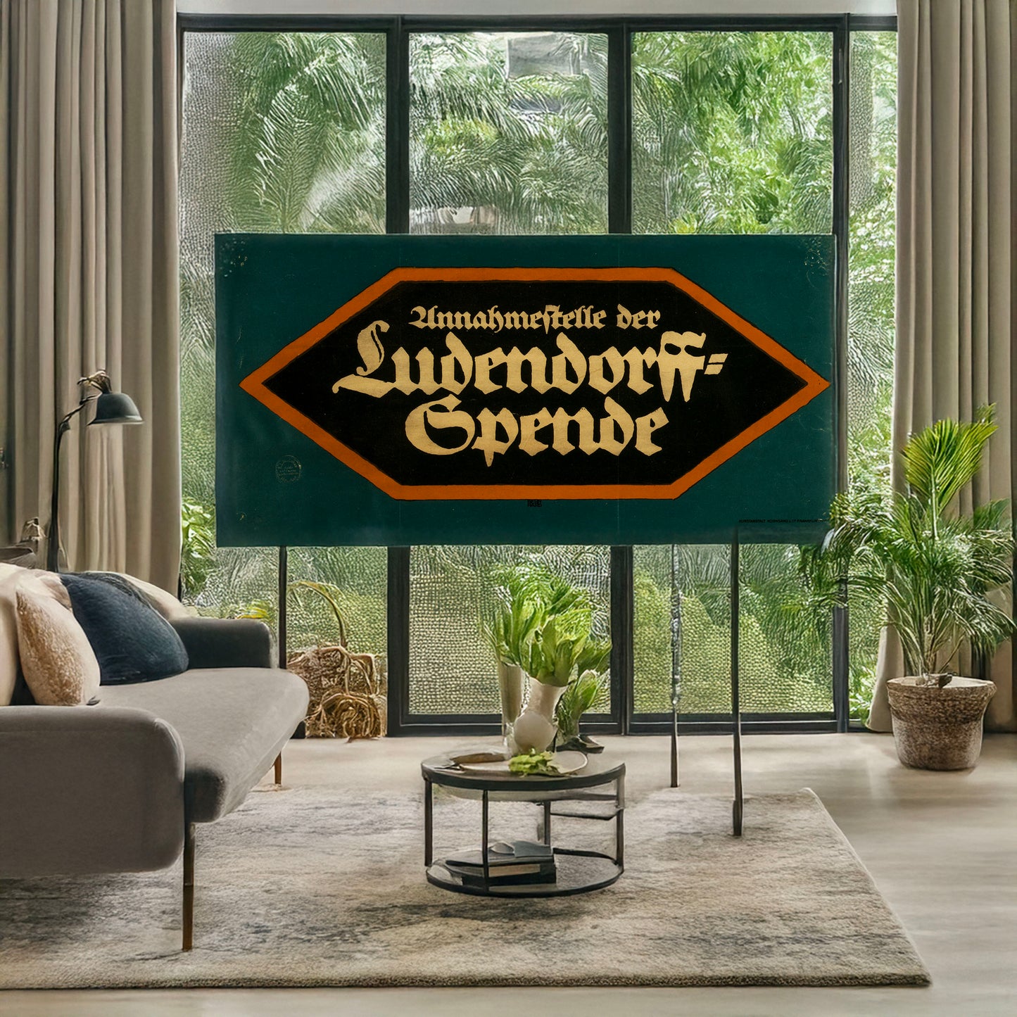 A picture of Annahmestelle der Ludendorff-Spende, a mockup of the print leaning against a wall