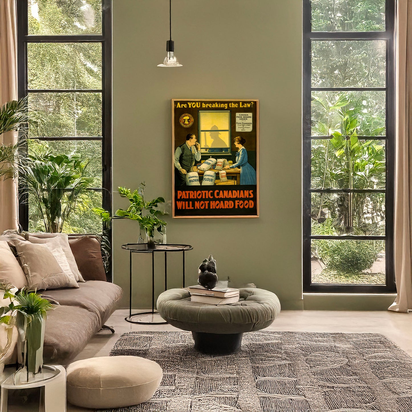 A picture of Are you breaking the law? Patriotic Canadians will not hoard food, a mockup of the print leaning against a wall