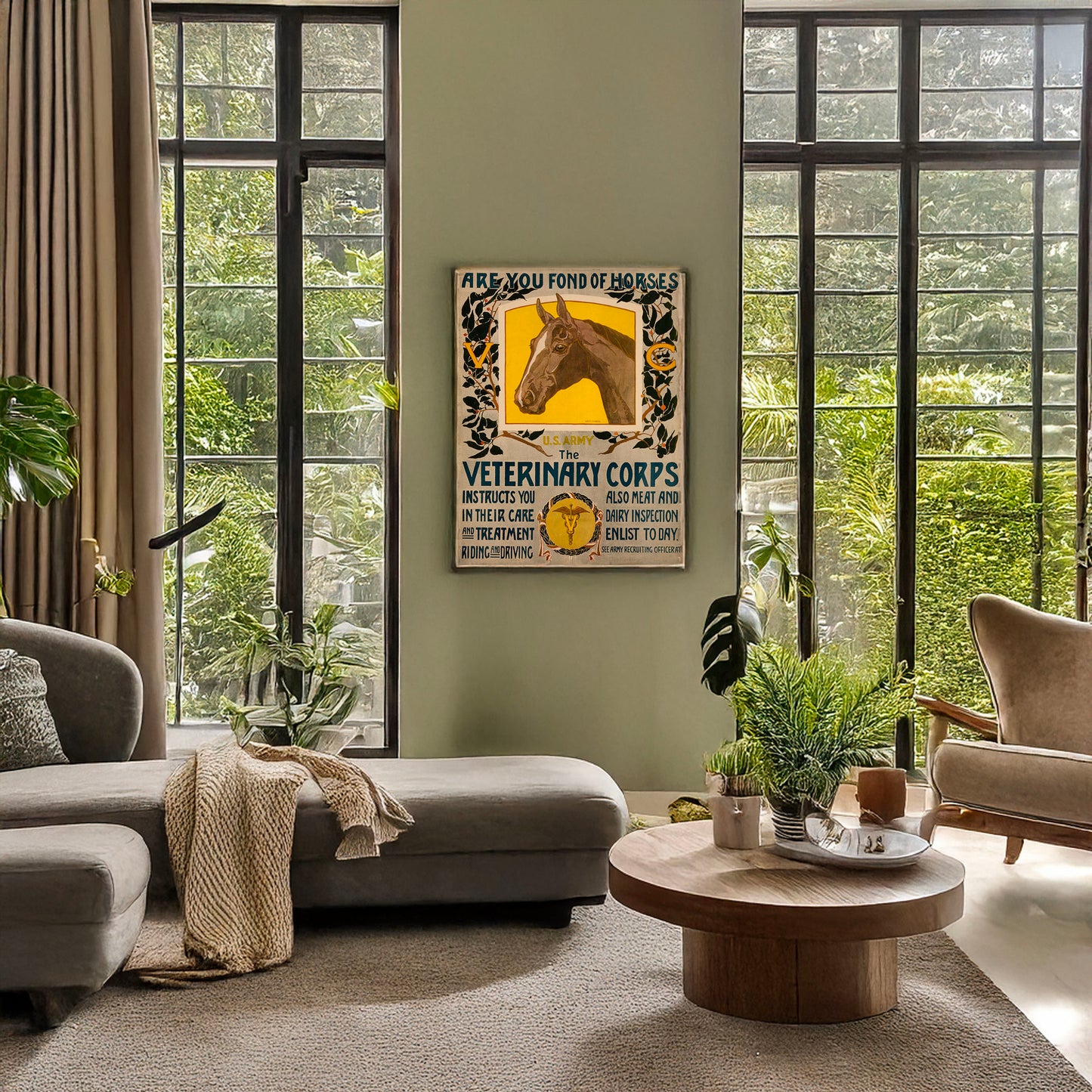 A picture of Are you fond of horses - U.S. Army - The Veterinary Corps instructs you in their care and treatment, riding and driving, a mockup of the print leaning against a wall