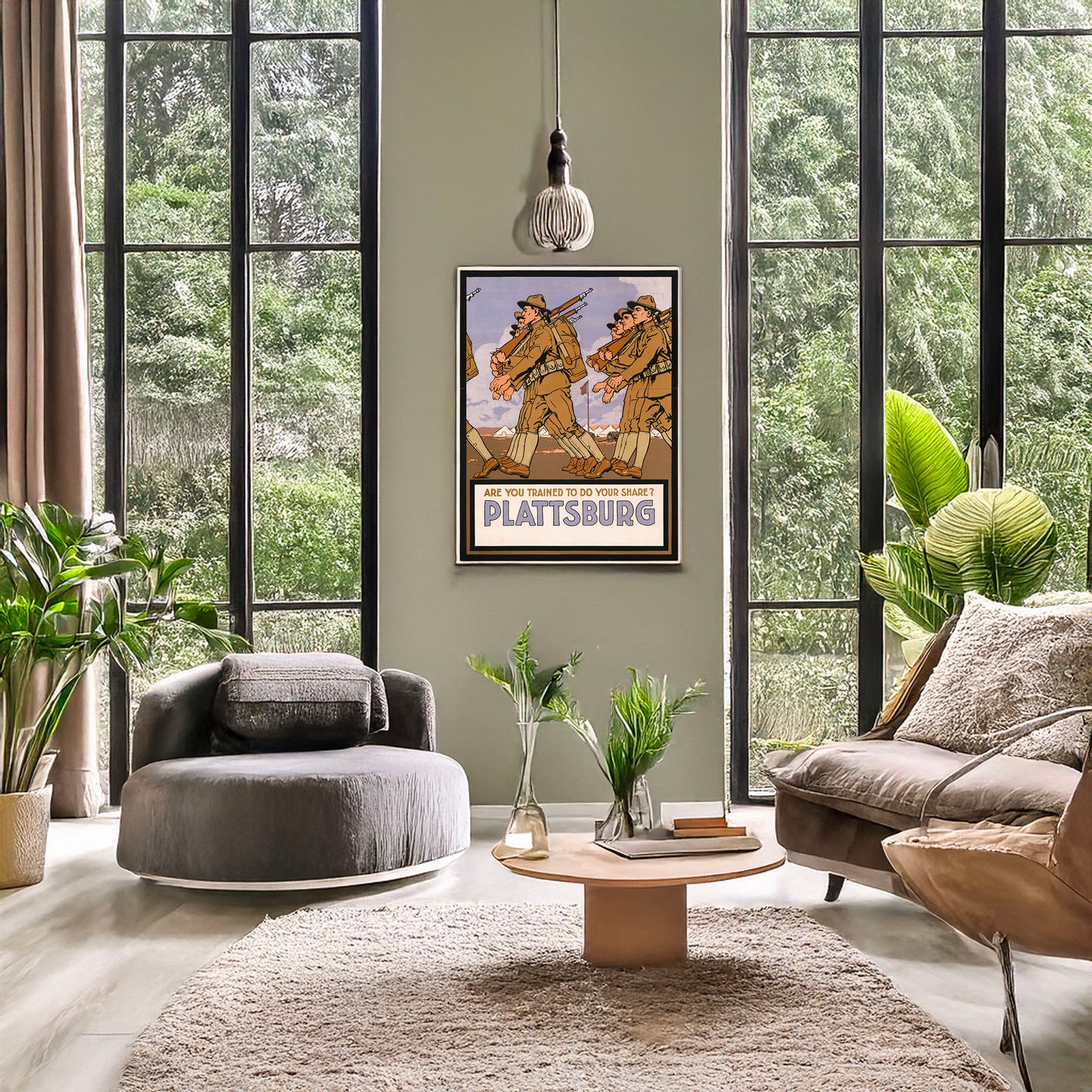 A picture of Are you trained to do your share? Plattsburg sic, a mockup of the print leaning against a wall