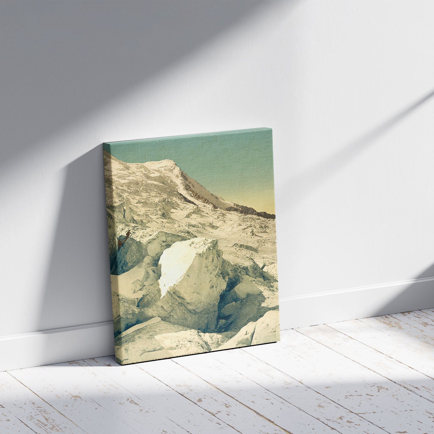 A picture of Ascension du Mont Blanc, Chamonix Valley, France, a mockup of the print leaning against a wall