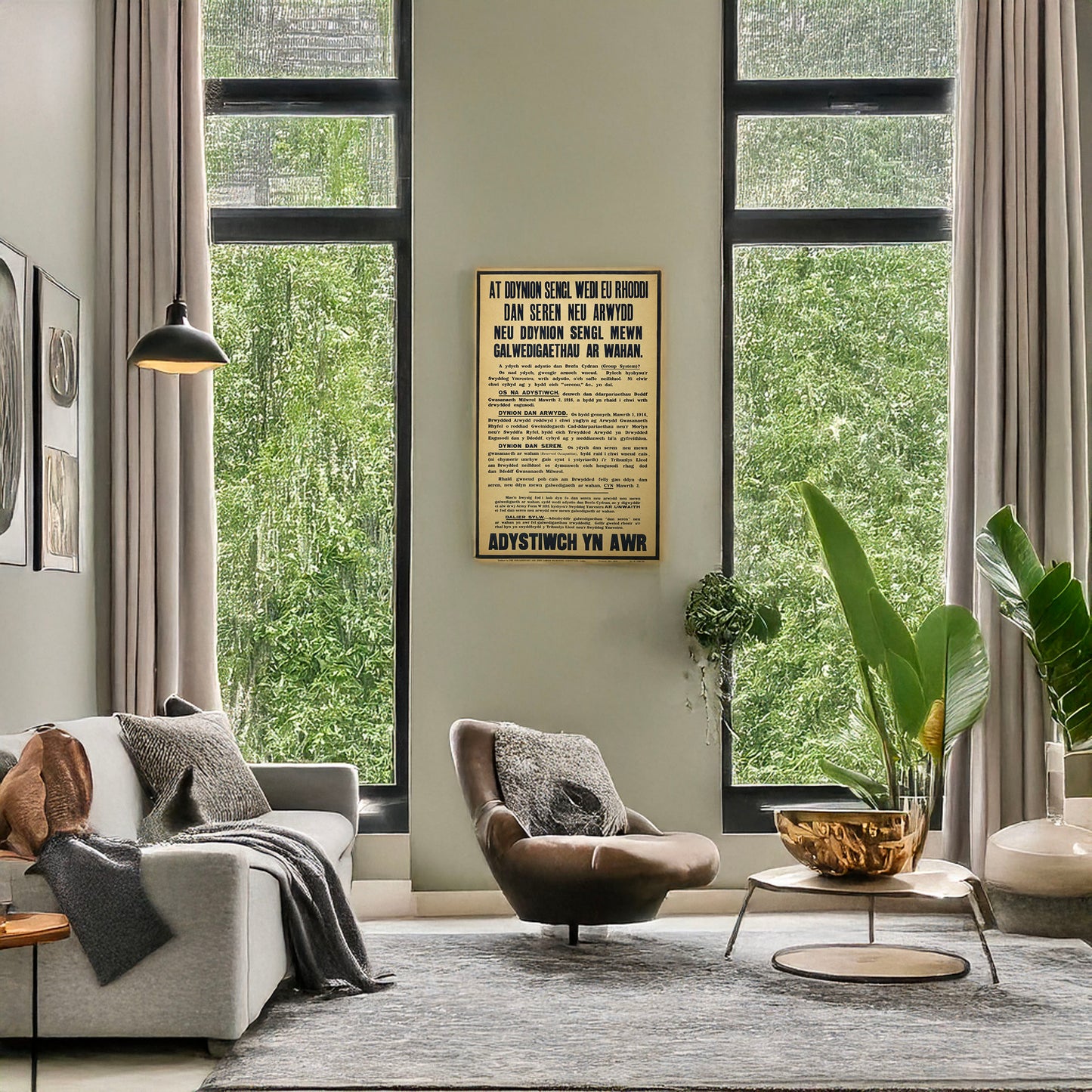 A picture of At ddynion sengl wedi eu rhoddi dan seren neu arwydd neu ddynion sengl mewn galwedigaethau ar wahan. ... Adystiwch yn awr, a mockup of the print leaning against a wall