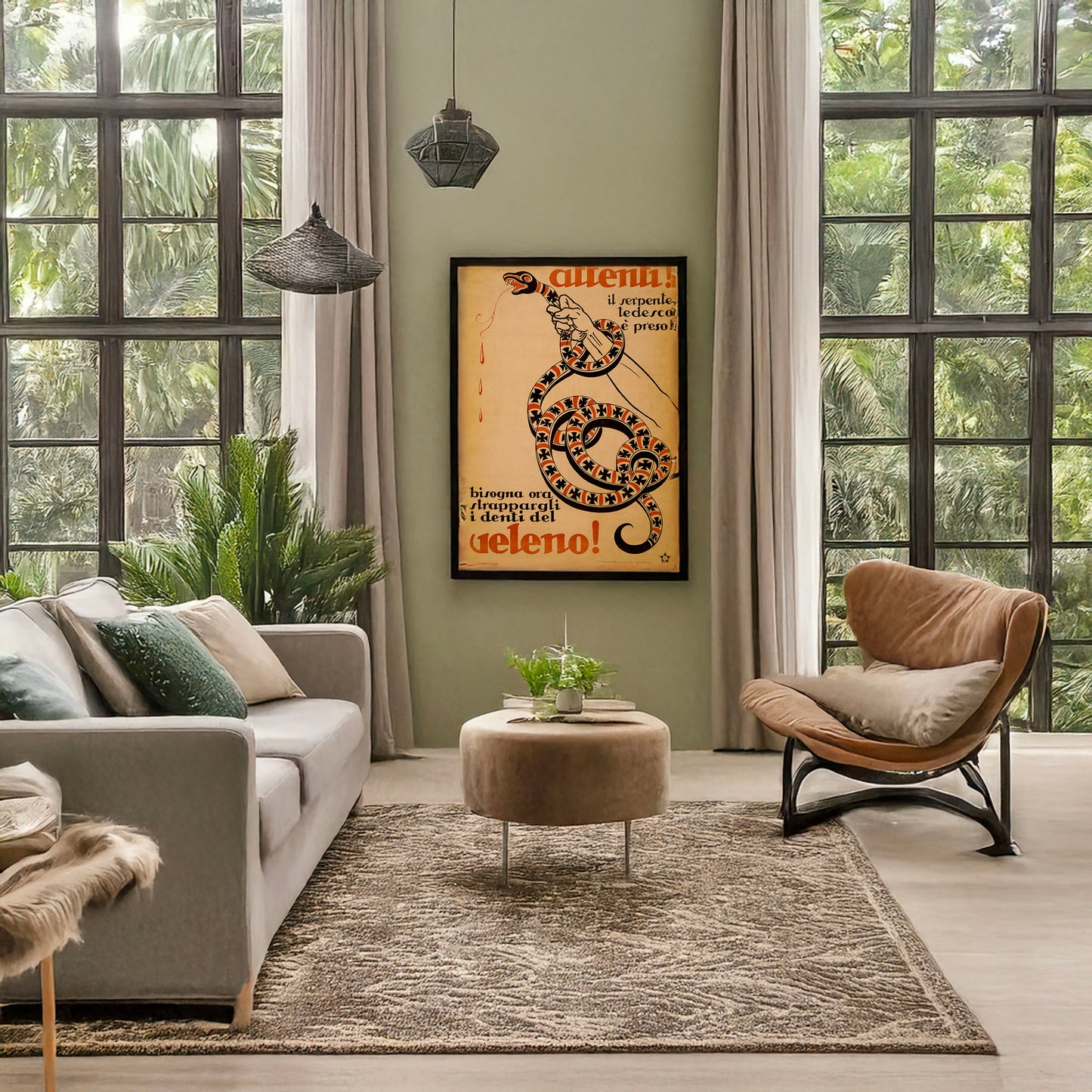 A picture of Attenti! ...veleno!, a mockup of the print leaning against a wall