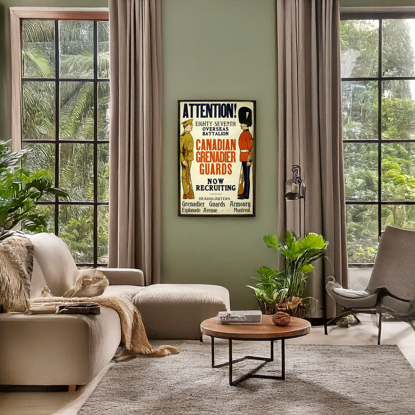 A picture of Attention! ... Canadian Grenadier Guards now recruiting, a mockup of the print leaning against a wall