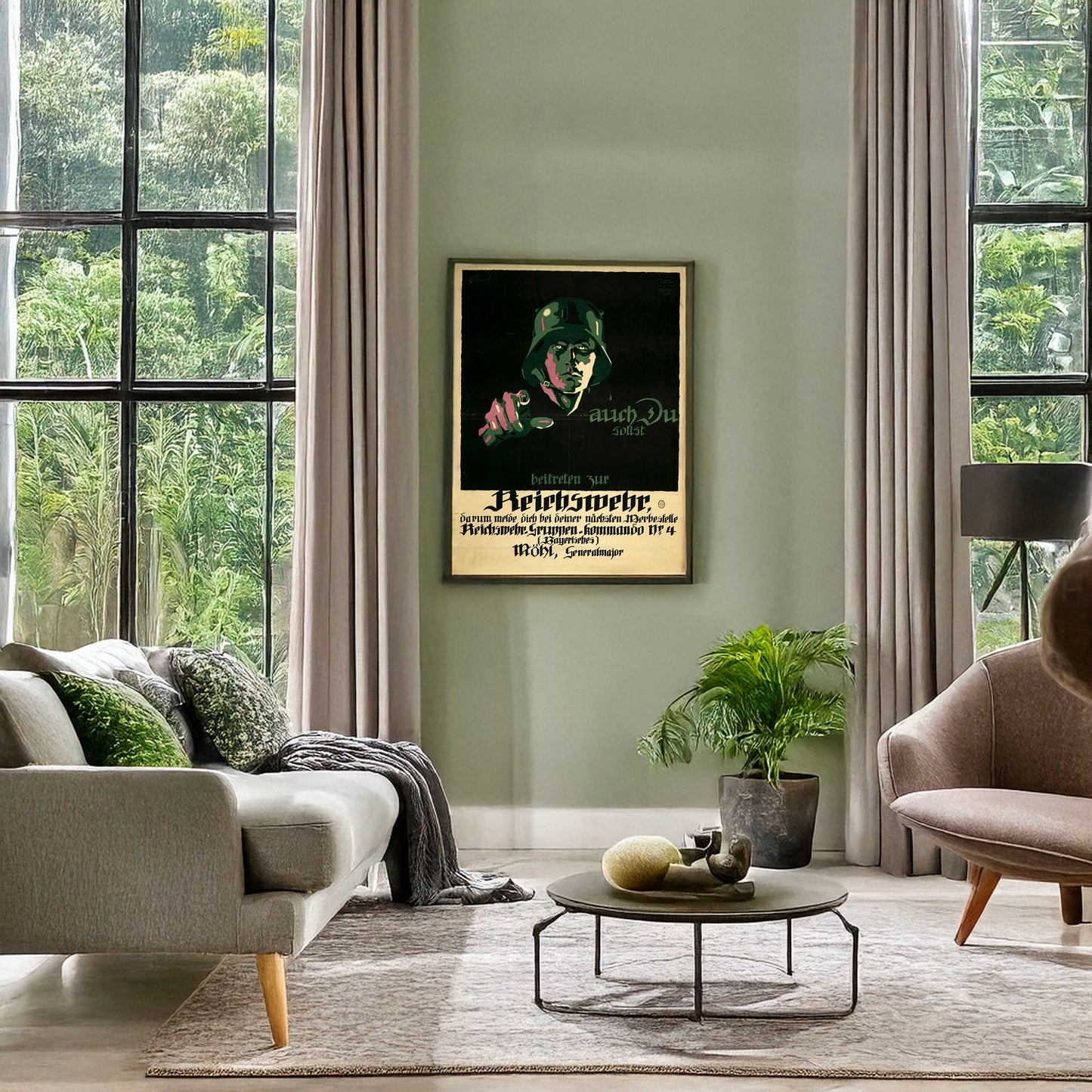 A picture of Auch du sollst beitreten zur Reichswehr ..., a mockup of the print leaning against a wall