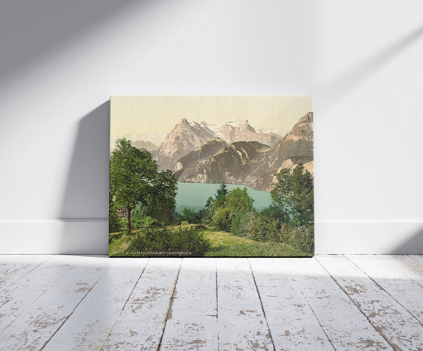 A picture of Axenstein, Park and Urirothstock, (i.e., Urirotstock), Lake Lucerne, Switzerland, a mockup of the print leaning against a wall