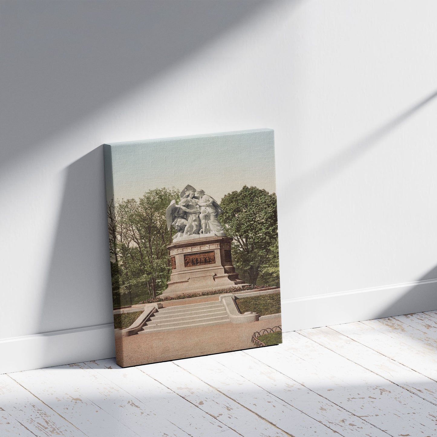 A picture of Basel. Strassburger. Denkmal, a mockup of the print leaning against a wall