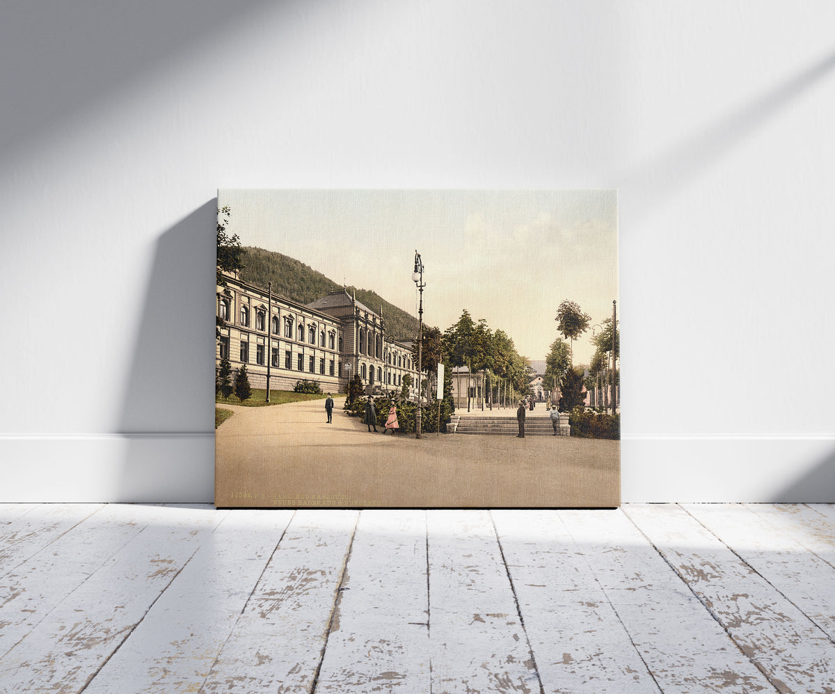 A picture of Baths. New bath house, Bad Hartzburg and Burgberg, Hartz, Germany, a mockup of the print leaning against a wall