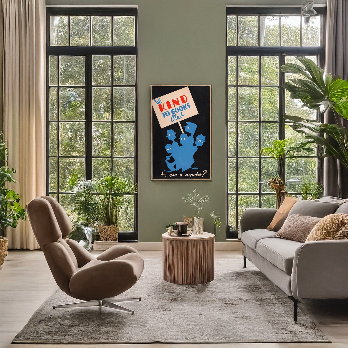 A picture of Be kind to books club Are you a member? /, a mockup of the print leaning against a wall