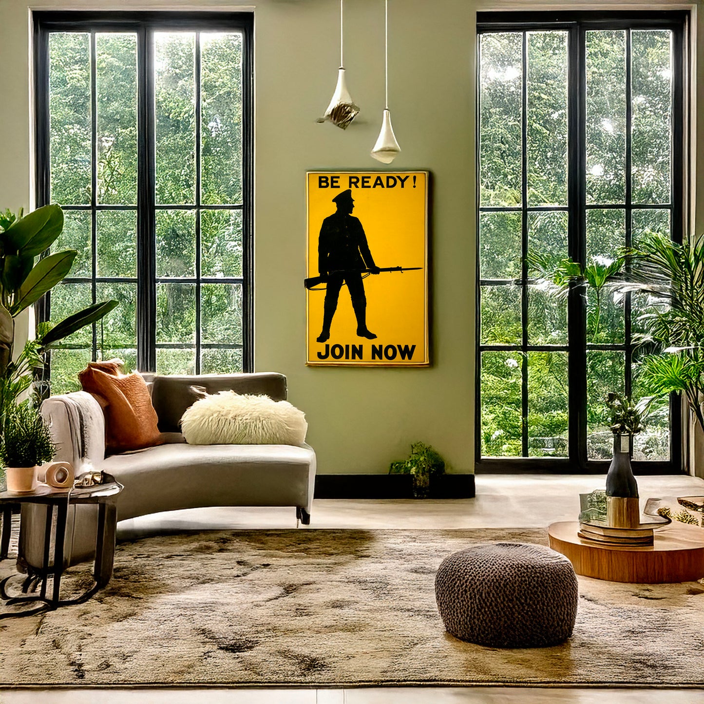 A picture of Be ready! Join now, a mockup of the print leaning against a wall