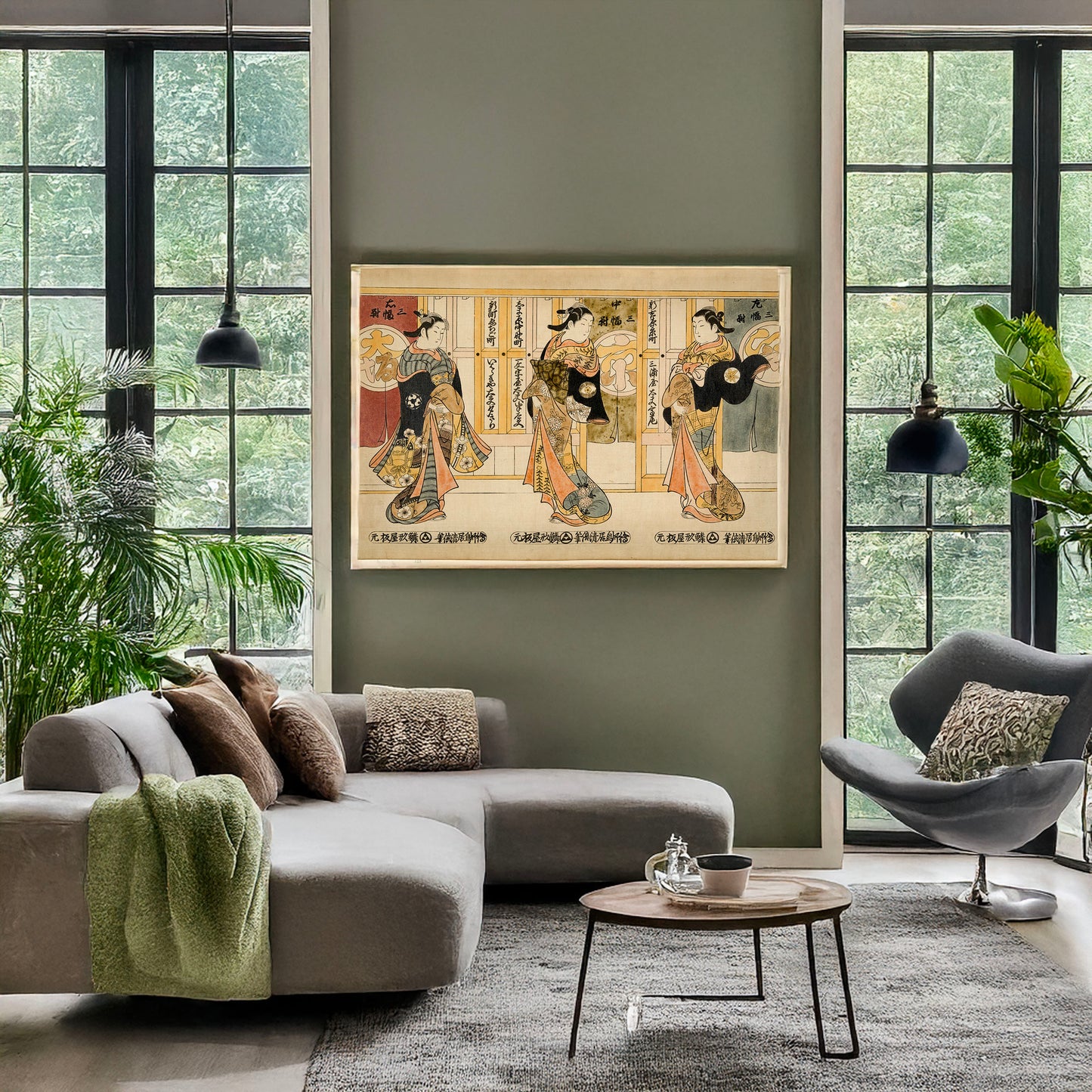 A picture of Beauties of the three capitals triptych, a mockup of the print leaning against a wall
