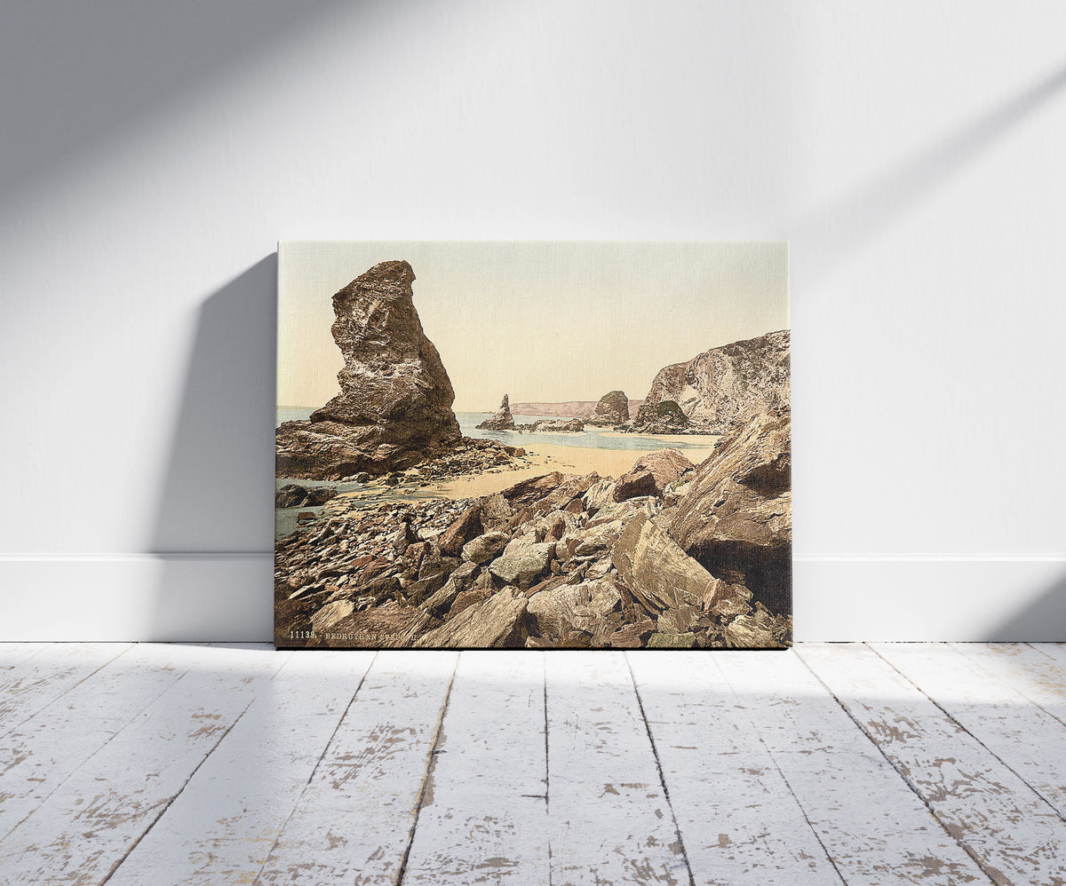 A picture of Bedruthan Steps, II, Cornwall, England, a mockup of the print leaning against a wall