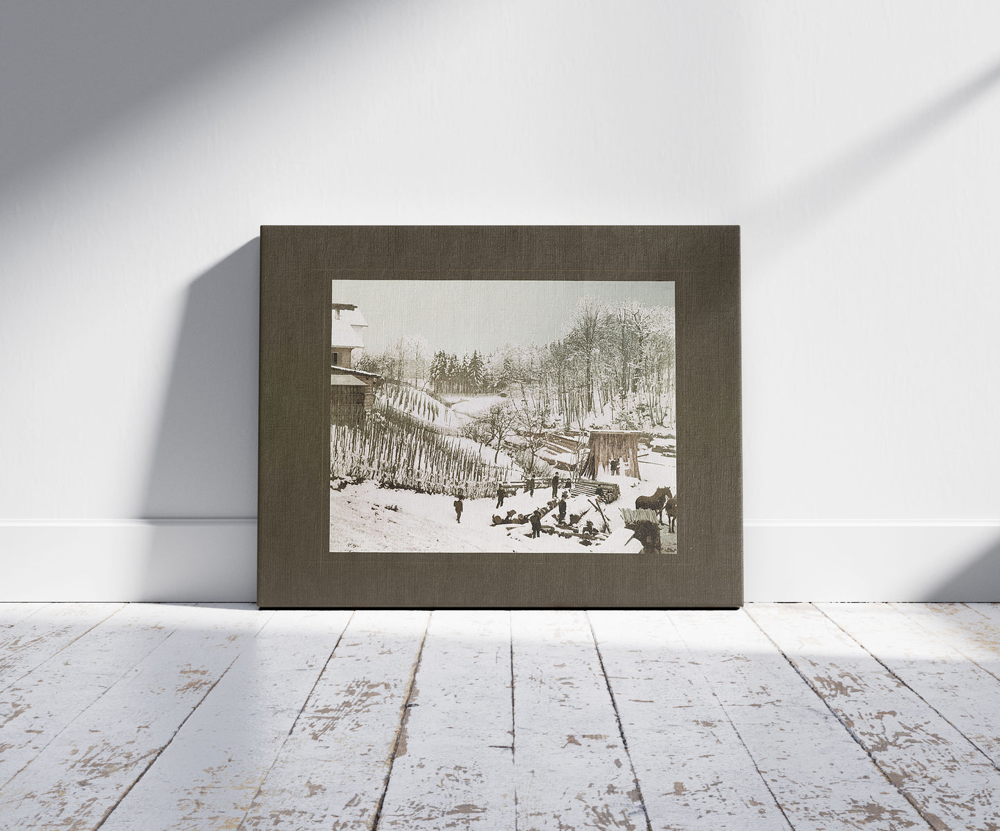 A picture of Bei der Mühle Hirslanden, Zürich, a mockup of the print leaning against a wall