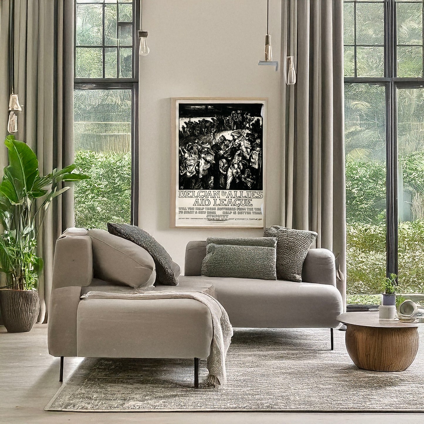 A picture of Belgian & Allies Aid League. Will you help these sufferers from the war to start a new home. Help is better than sympathy, a mockup of the print leaning against a wall