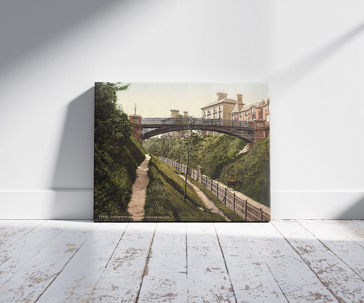 A picture of Belle Vue, Jubilee Bridge, Lowestoft, England, a mockup of the print leaning against a wall