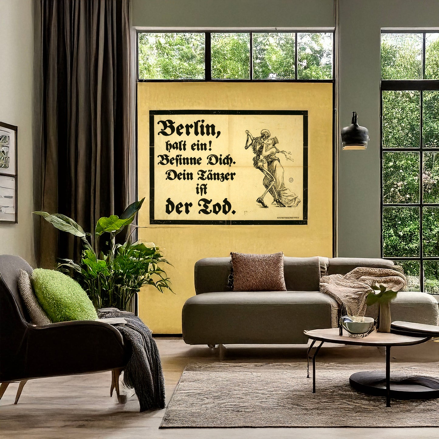A picture of Berlin, halt ein! Besinne dich. Dein Tänzer ist der Tod, a mockup of the print leaning against a wall