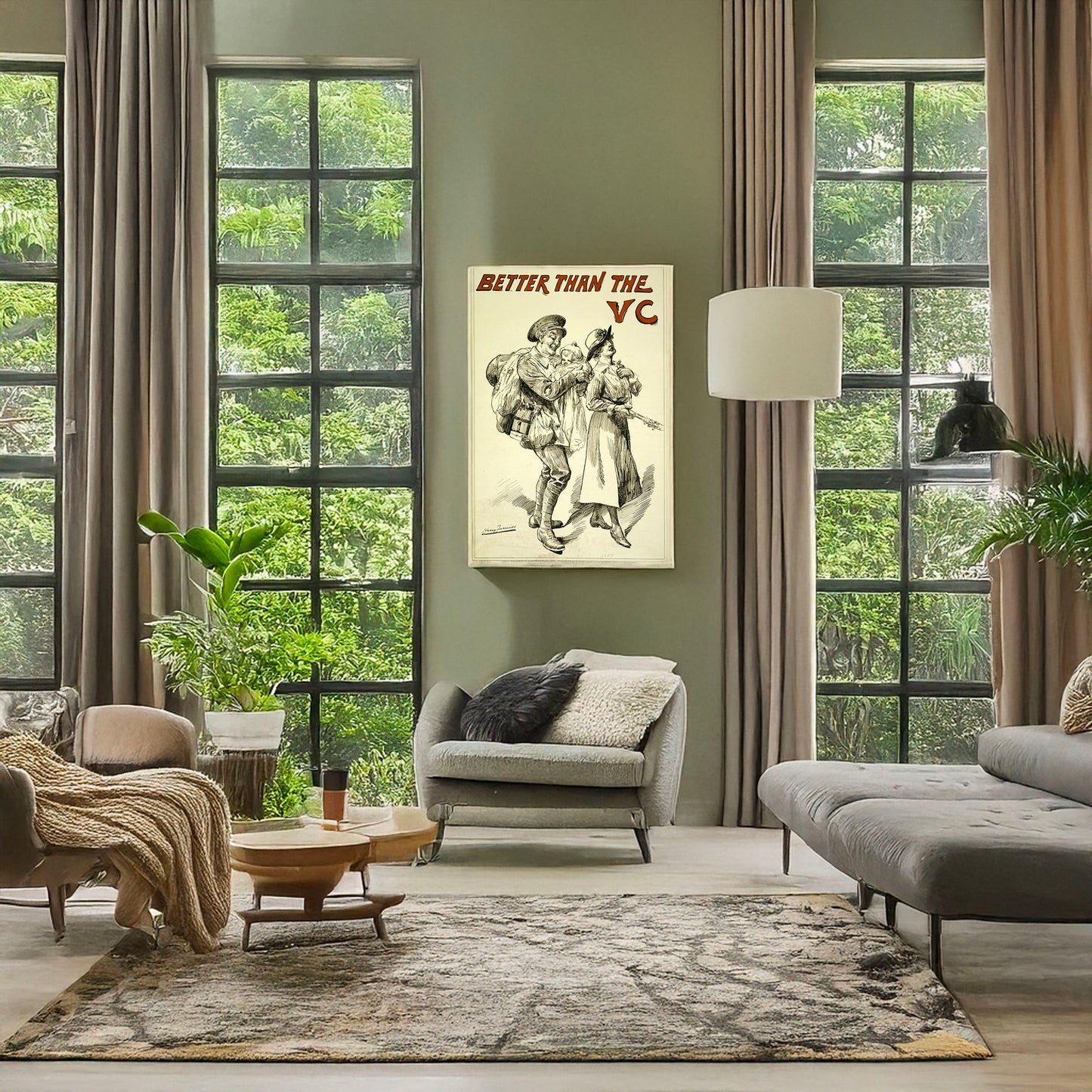 A picture of Better than the V.C. i.e., Victoria Cross, a mockup of the print leaning against a wall