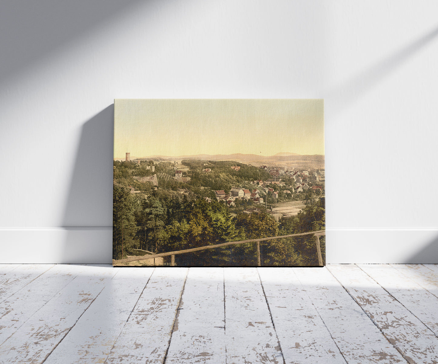 A picture of Bielefield (i.e., Bielefeld), with Sparenburg, Westphalia, Germany, a mockup of the print leaning against a wall