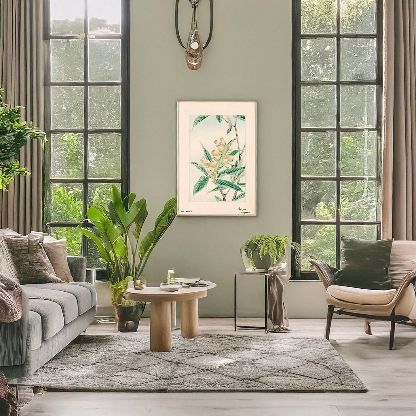 A picture of Biwa loquat, a mockup of the print leaning against a wall