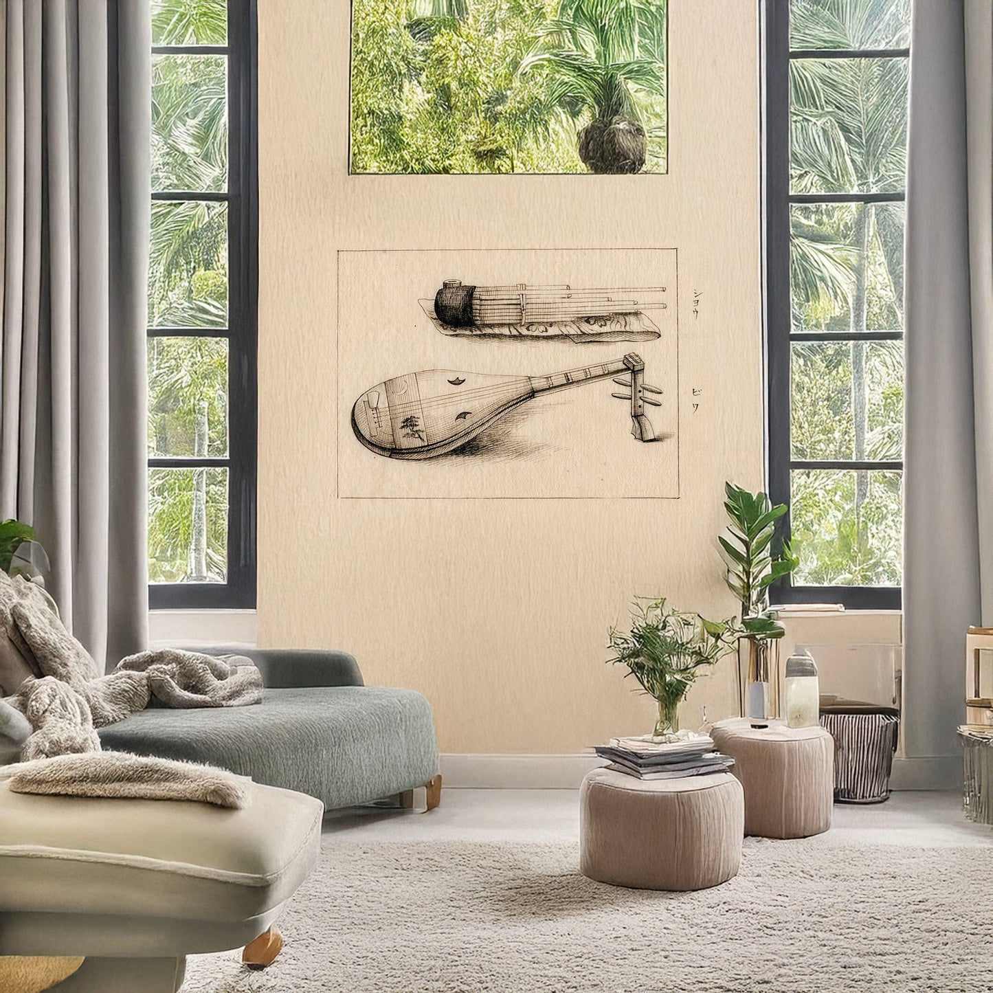 A picture of Biwa - shō, a mockup of the print leaning against a wall