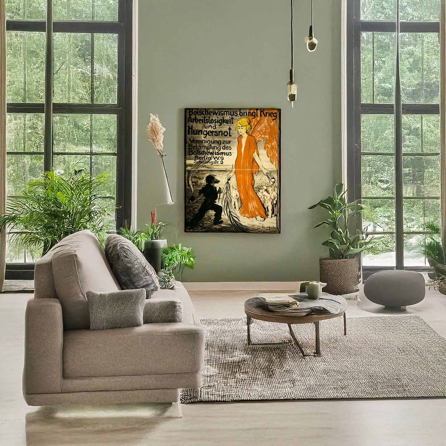 A picture of Bolshewismus bringt Krieg, Arbeitslosigkeit und Hungersnot. Vereinigung zur Bekämpfung des Bolshewismus, a mockup of the print leaning against a wall