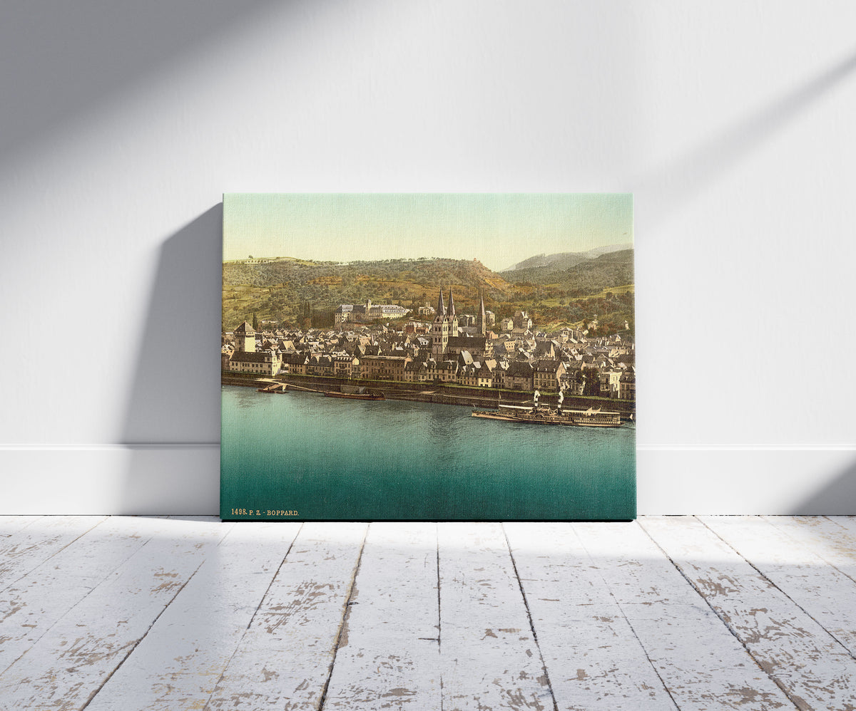 A picture of Boppard, the Rhine, Germany, a mockup of the print leaning against a wall