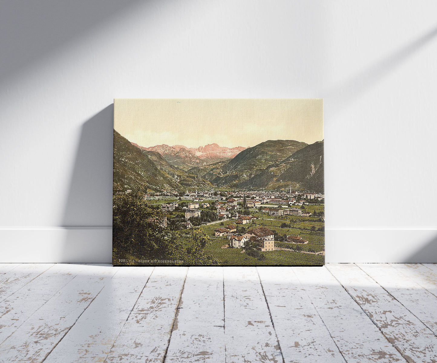 A picture of Bosen and Rosengarten, Tyrol, Austro-Hungary, a mockup of the print leaning against a wall