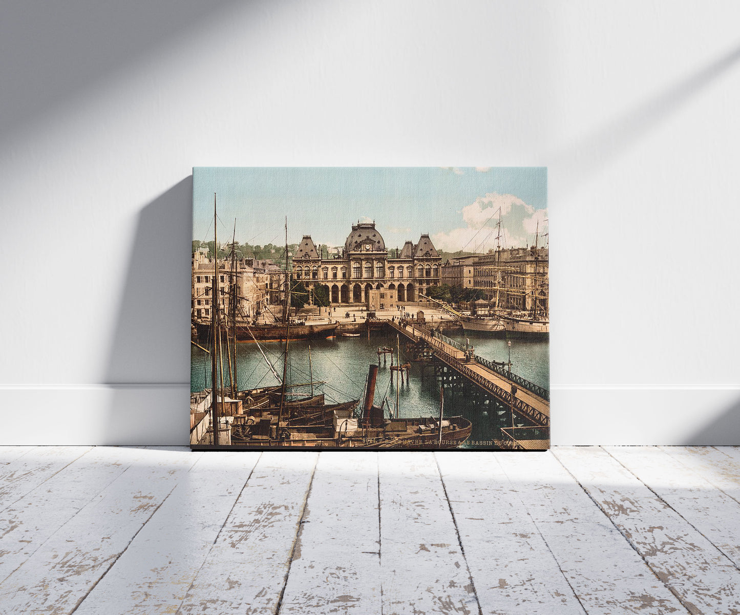 A picture of Bourse and docks, Havre, France, a mockup of the print leaning against a wall