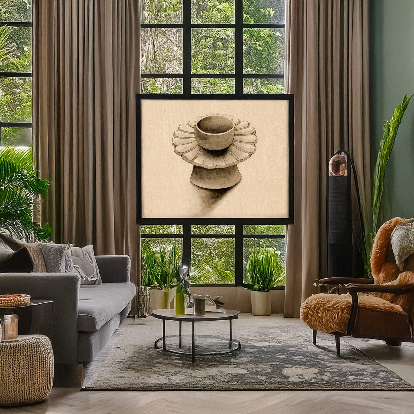 A picture of Bowl on petal-shaped platter with conical base, a mockup of the print leaning against a wall
